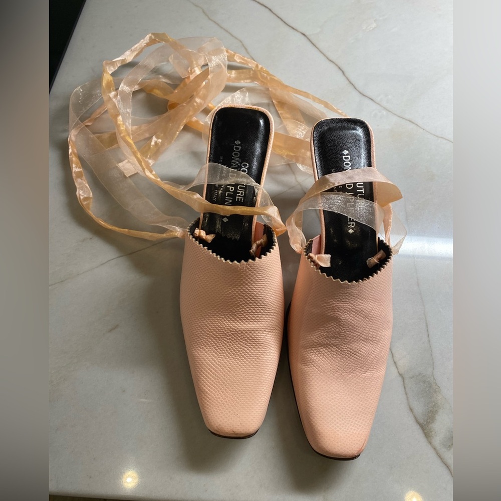 Vintage Donald J Pliner Couture pink leather mules with ankle ribbons, sz 9.5